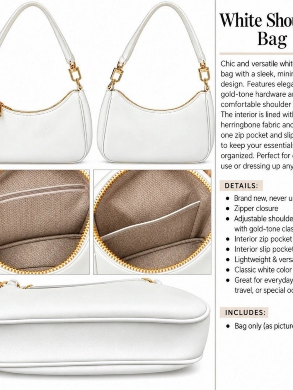 New Style White Crescent Baguette Shoulder Bag Gold Hardware